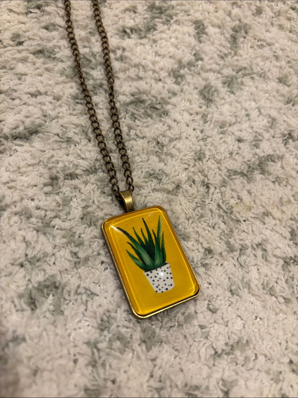Yellow Snakeplant Potted Succulent Glass Pendant Necklace Brass Chain NWT 20-22”